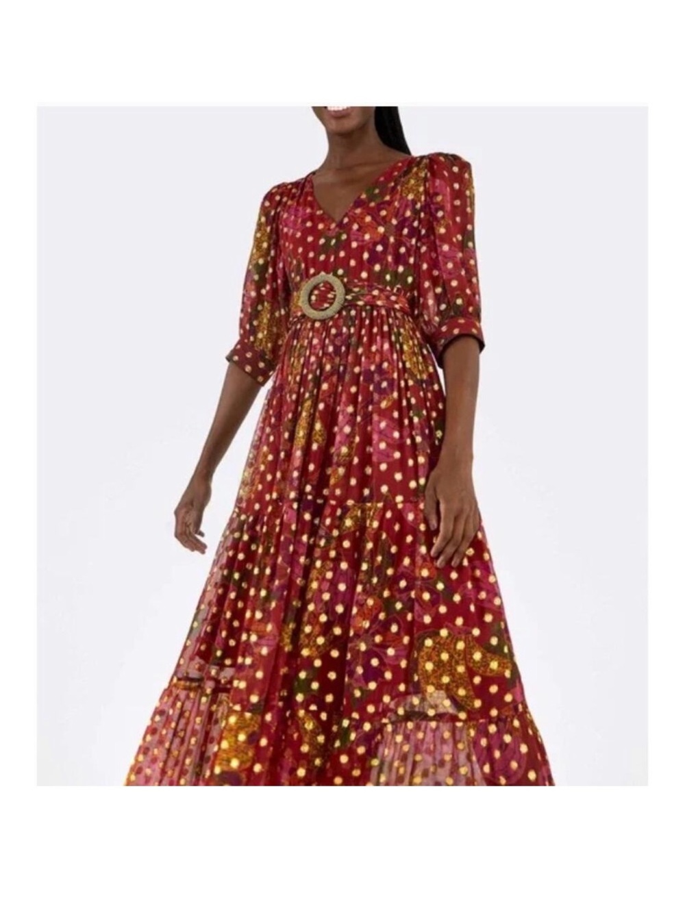 FARM Rio Banana Flowers Metallic Gold Maxi Dress Red L
